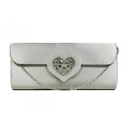 Evening Bag - 12 PCS - Satin w/ Rhinestone Heart Charm Accent - Pewter - BG-92020P